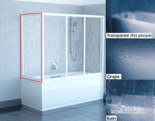 Стенка для душевой шторки на ванну Ravak APSV 75 сатин/rain