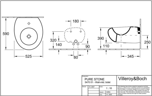 Биде Villeroy & Boch Pure Stone 547001R1 подвесное