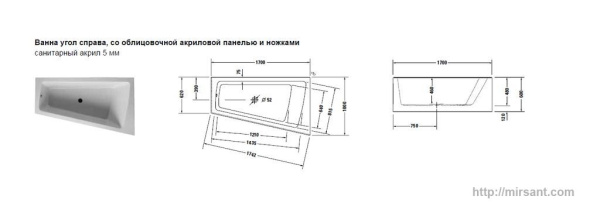 Акриловая ванна Duravit Paiova 170*100*48 с ножками и панелью R